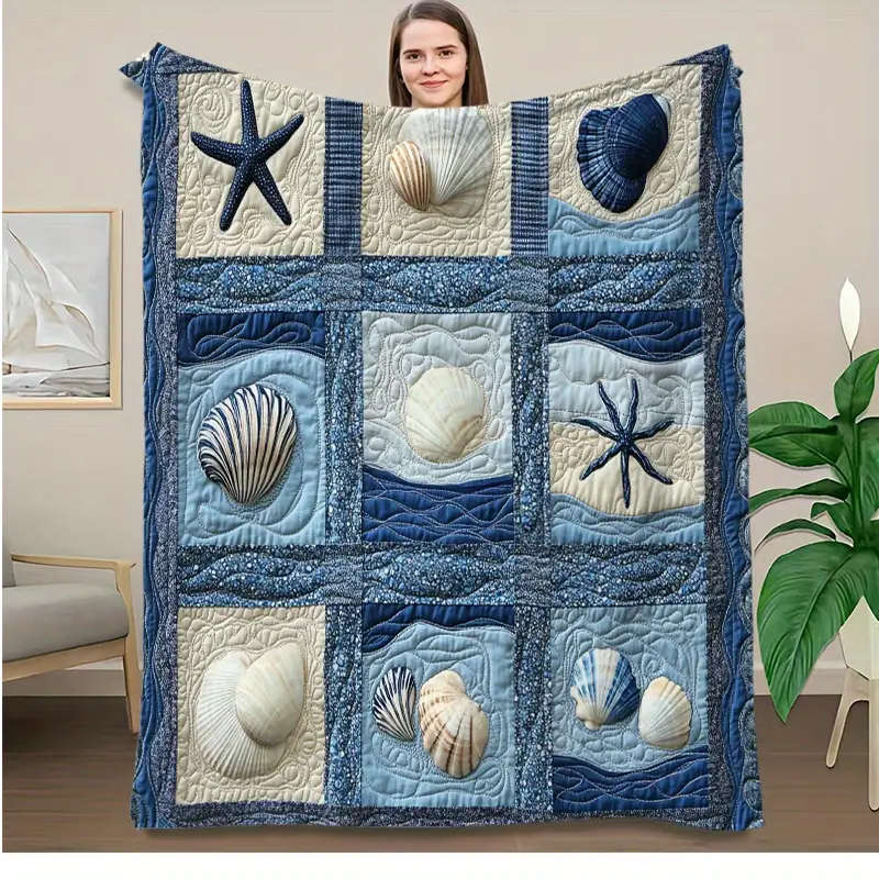 1 Vintage Nautical Starfish and Shell Patchwork Flannel Blanket 130*150cm
