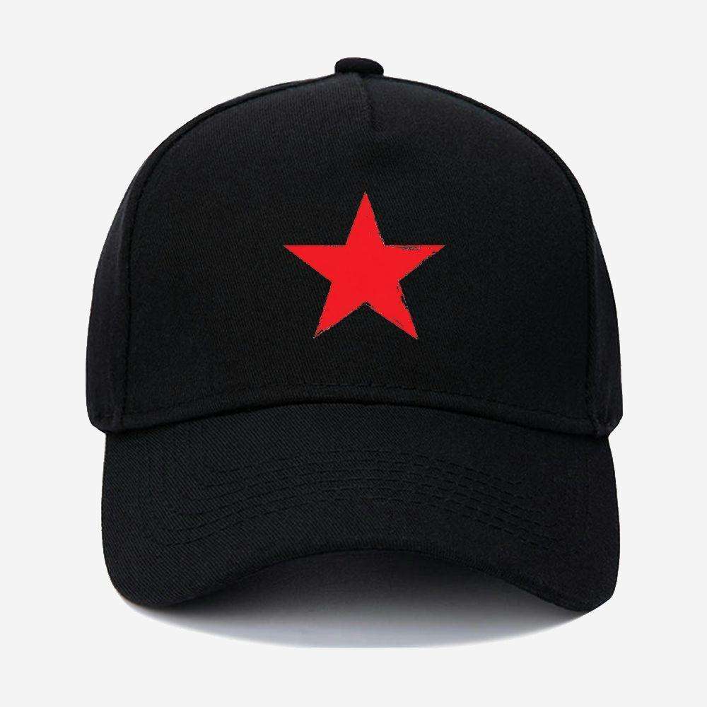 1pc 100% Cotton Adjustable Baseball Cap with Red Star Design Sun Protection Machine Washable Bla