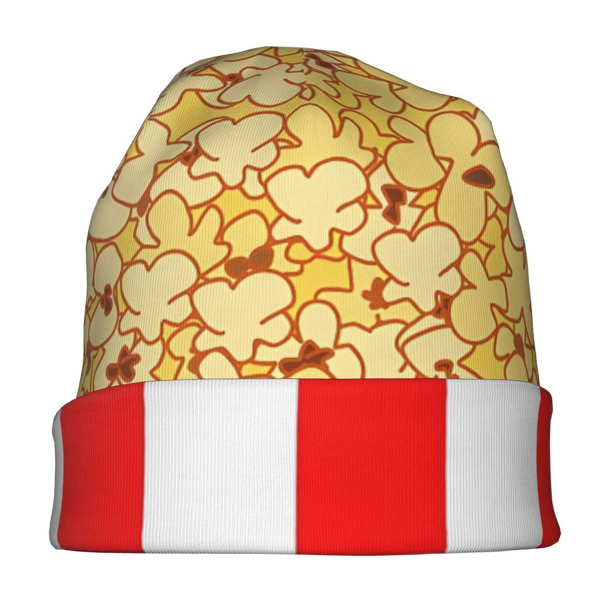 Men's Popcorn Print Beanie Fashionable Red White Striped Knit Hat with Yellow Popcorn D