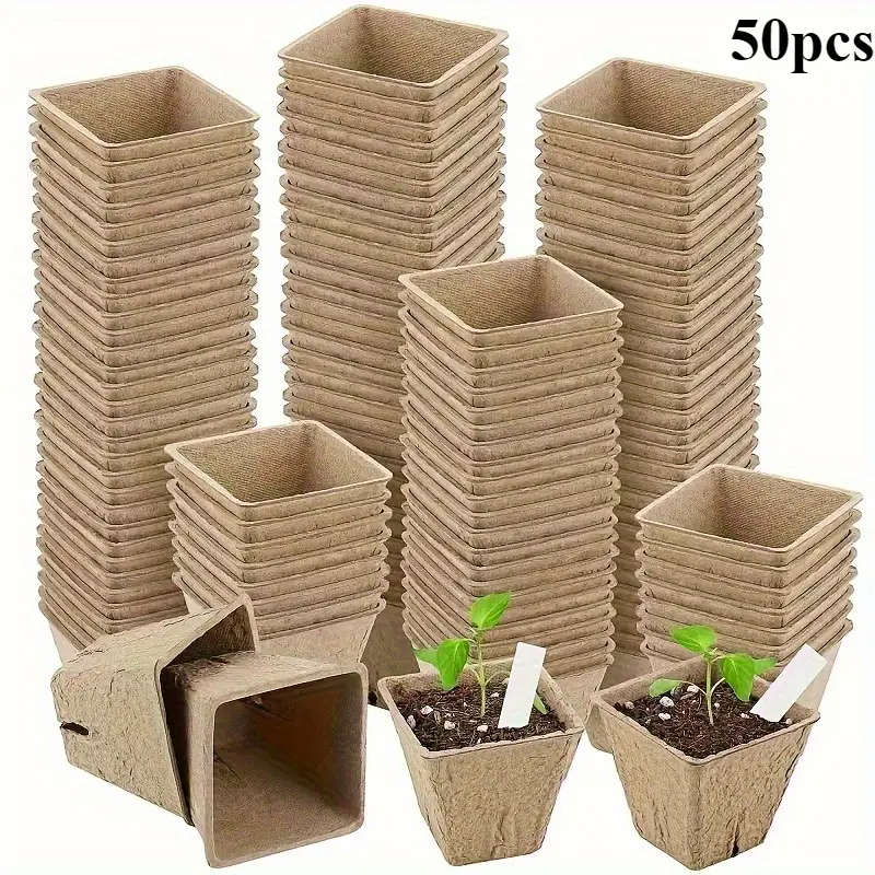50 Pcs Square Pulp Seedling Cups With Drainage Holes
