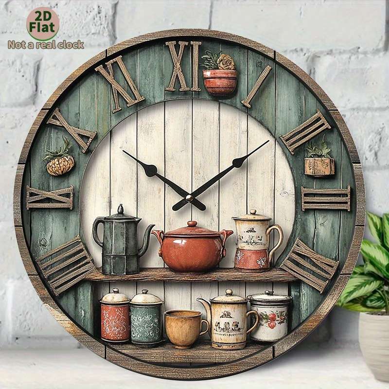 1pc 2D Flat Rustic Farmhouse Kitchen Wall Clock 2D Flat Non-Real Clock Design Vintage Country S