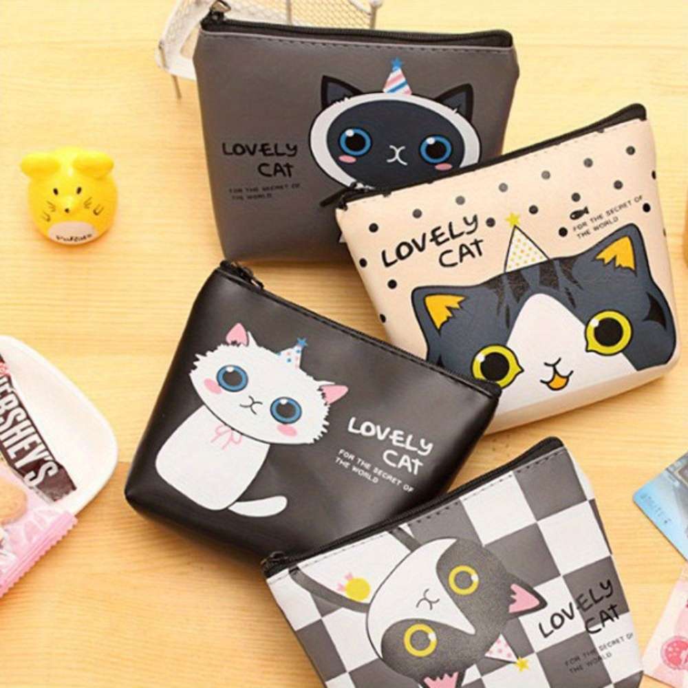 Women'S Cat-Themed Zipper Coin Purse Compact Wallet With Adorable Cartoon Kitty Design Multi