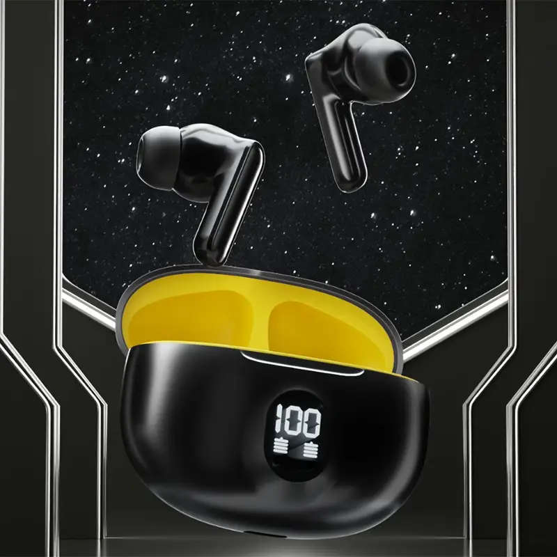 Sleek Black Yellow Wireless Earbuds with LED Power Indicator Hi-Fi Stereo Sound Anime-Inspired Desig