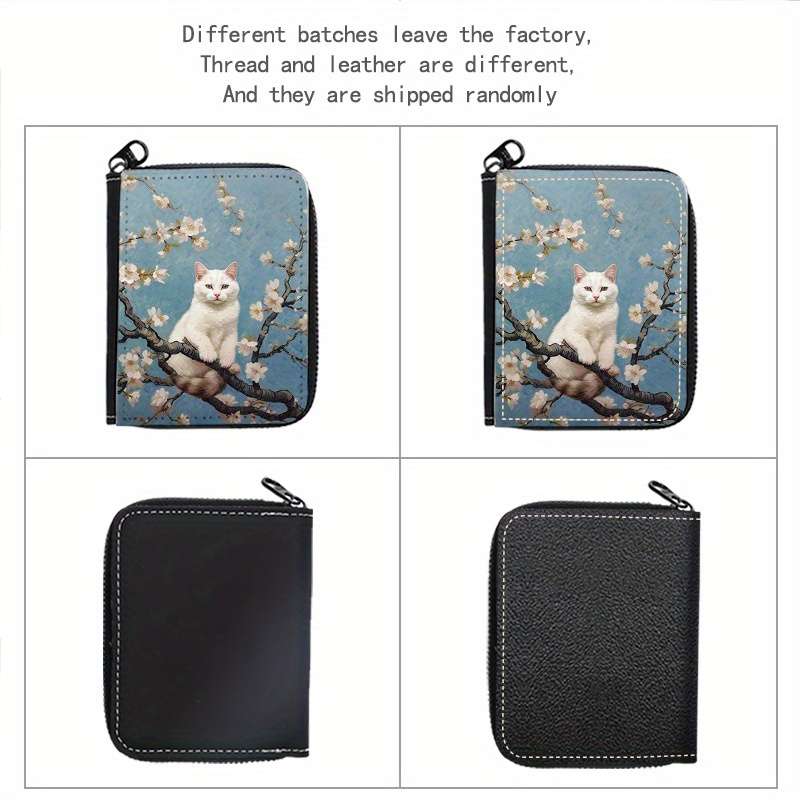 Street Style Faux Leather Wallet With Geometric Cat On Tree Print Lightweight Unlined Zip