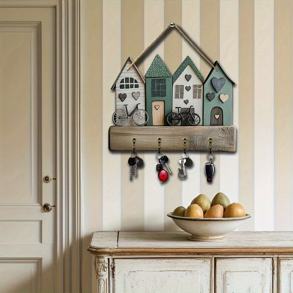 A Creative Small House And Bicycle Wall-Mounted Key Holder Featuring a Simple And Colorful Wooden K