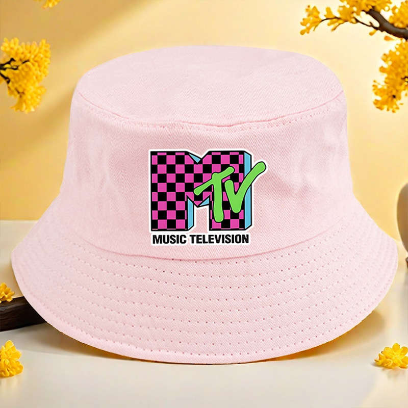 MTV Logo Print Bucket Hat Vibrant Yellow Lightweight Polyester Machine Washable Ideal for