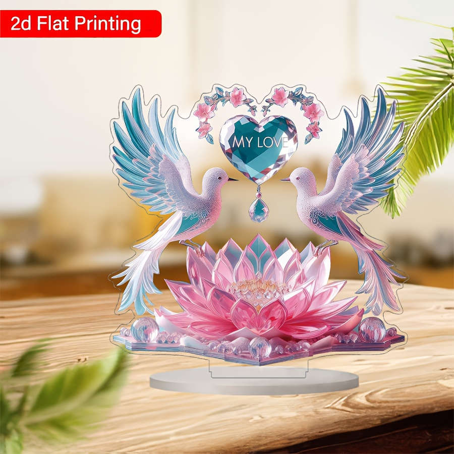 2D Flat Printing Acrylic Desk Decor With Doves Lotus Flower Design Glam Style No