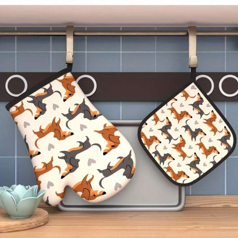 2pcs Dachshund Pattern Polyester Oven Mitts and Potholders Set Heat Resistant Kitchen Grilling