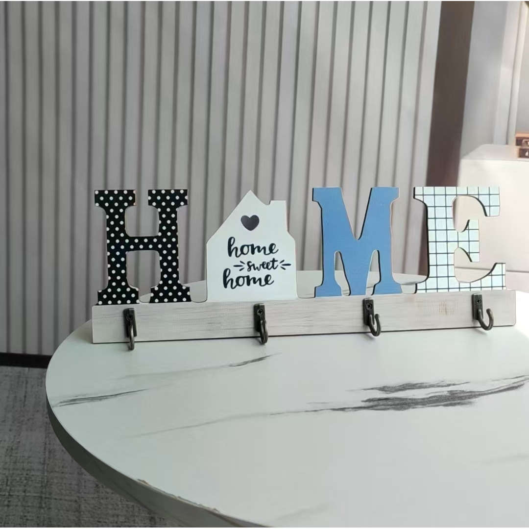 Rustic Wooden Floating Frame Hook Wall DecorAntique Key Holder with HOME Sign Easy Install Entry