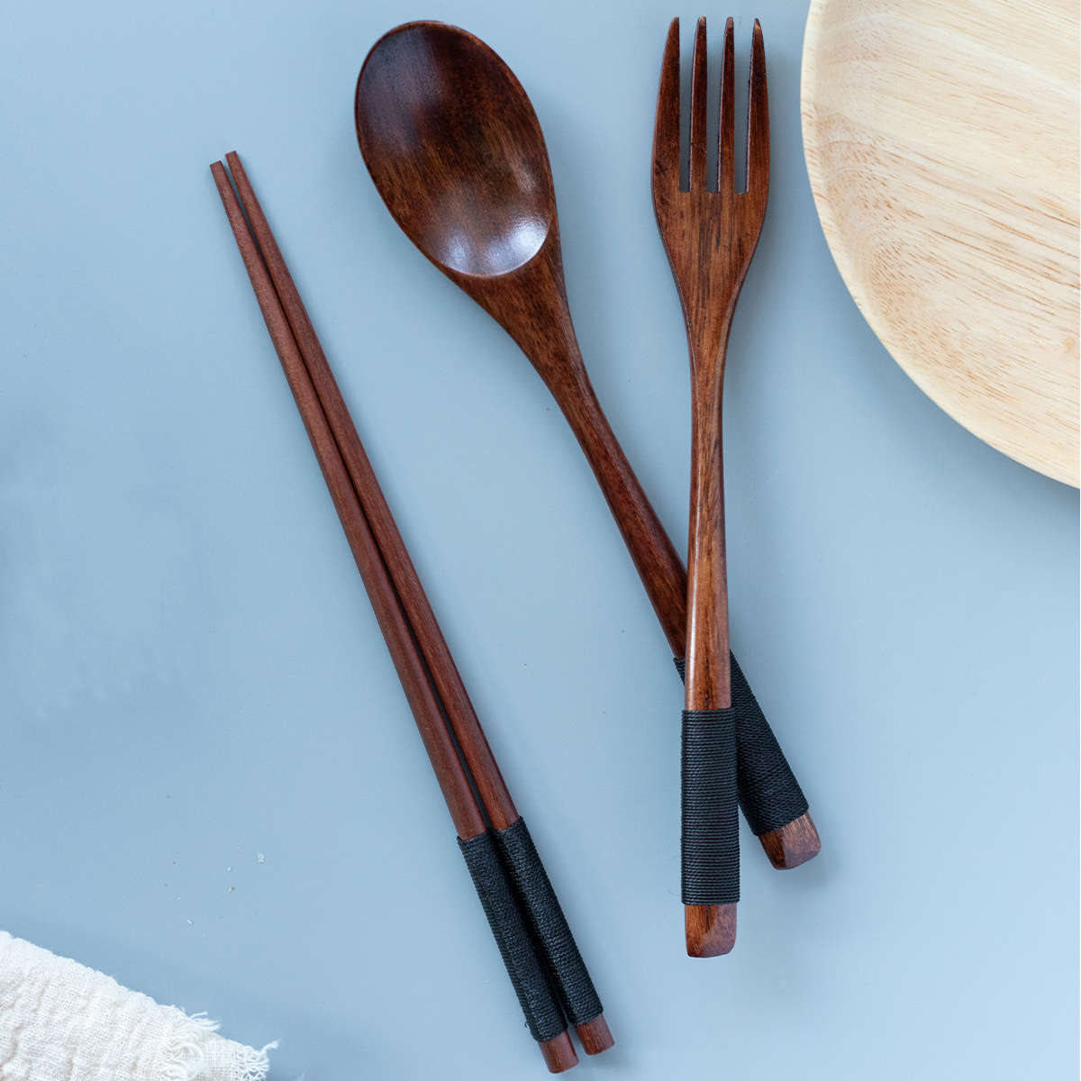 3pcs Japanese-Style Wooden Tableware Set Spoon Chopsticks Fork Convenient Stylish
