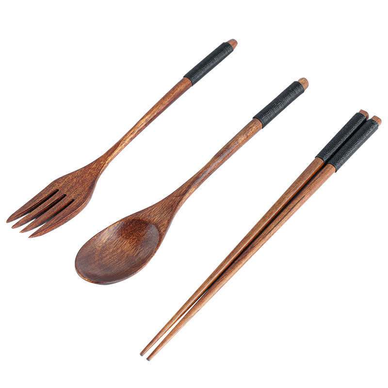 3pcs Japanese-Style Wooden Tableware Set Spoon Chopsticks Fork Convenient Stylish