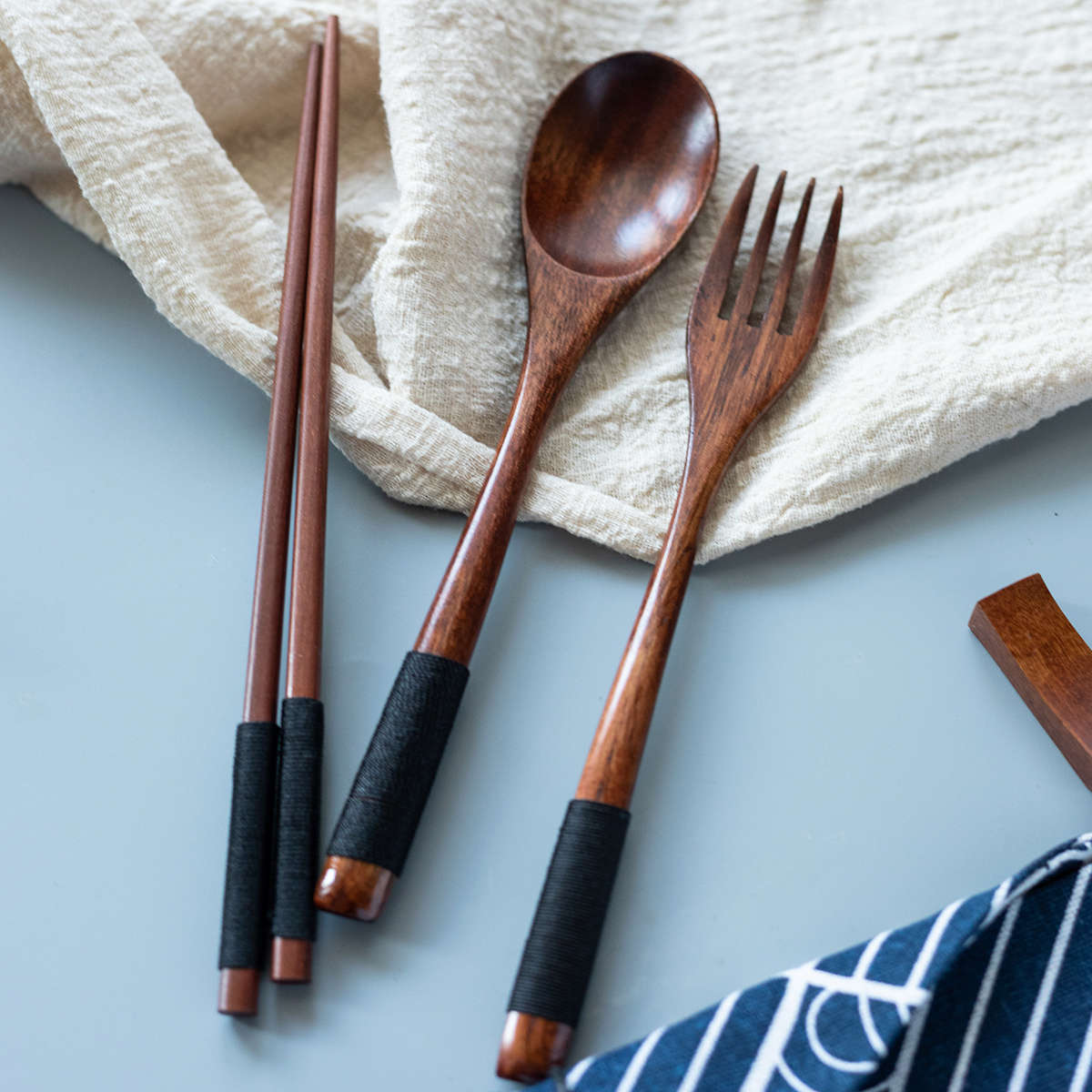 3pcs Japanese-Style Wooden Tableware Set Spoon Chopsticks Fork Convenient Stylish