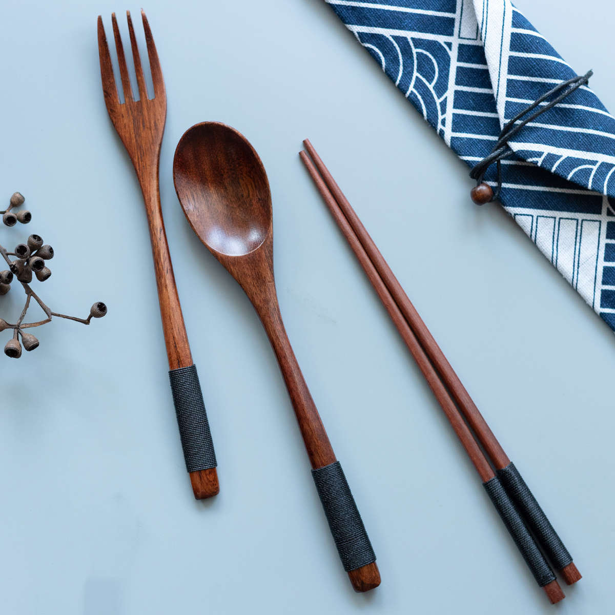 3pcs Japanese-Style Wooden Tableware Set Spoon Chopsticks Fork Convenient Stylish