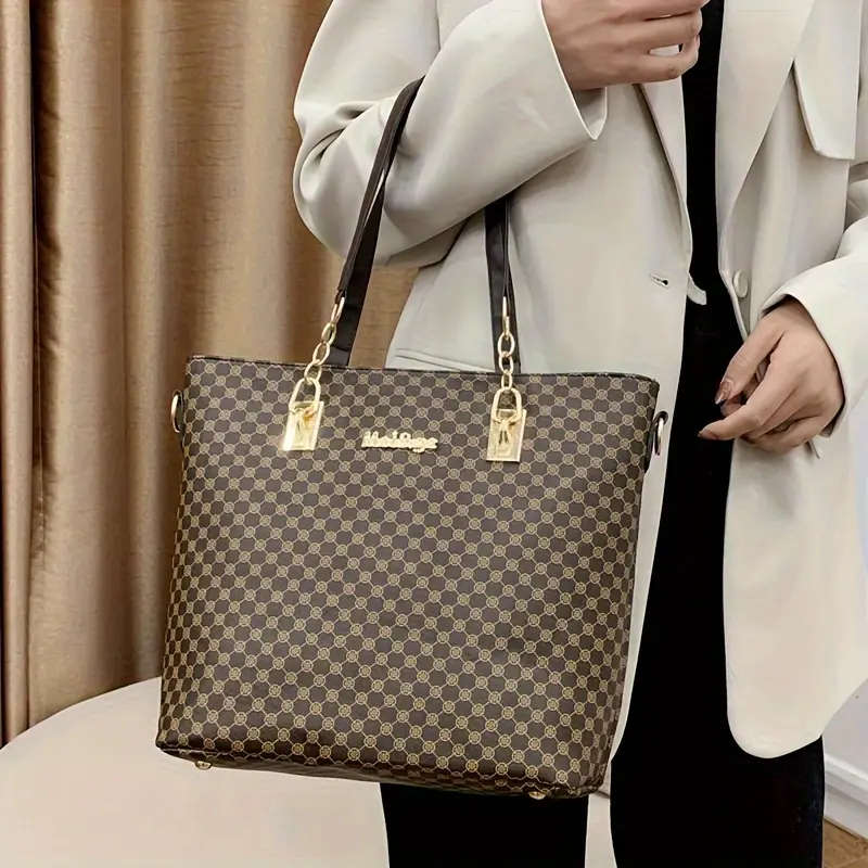 6pcs Geometric Pattern Bag Set Fashion Tote Bag With Boston Handbag Crossbody Bag Long Wallet Clutch