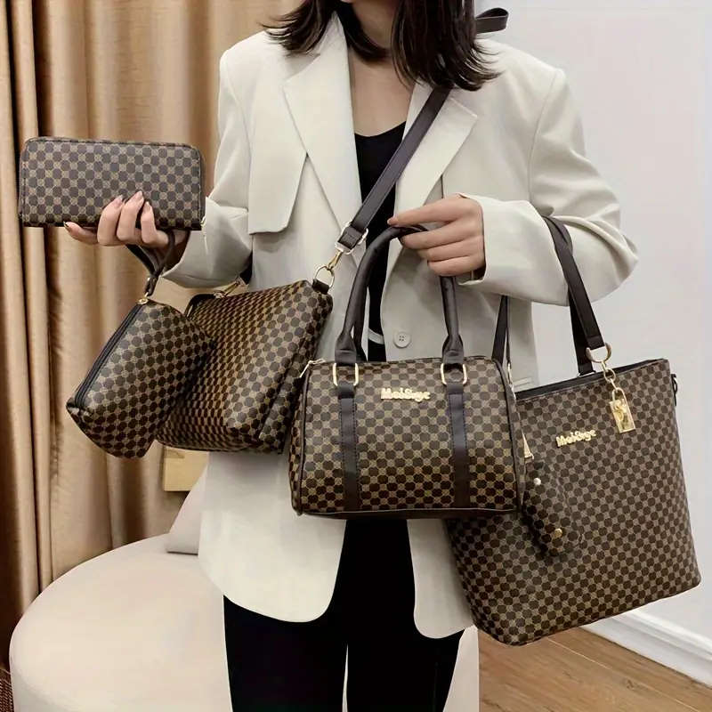 6pcs Geometric Pattern Bag Set Fashion Tote Bag With Boston Handbag Crossbody Bag Long Wallet Clutch