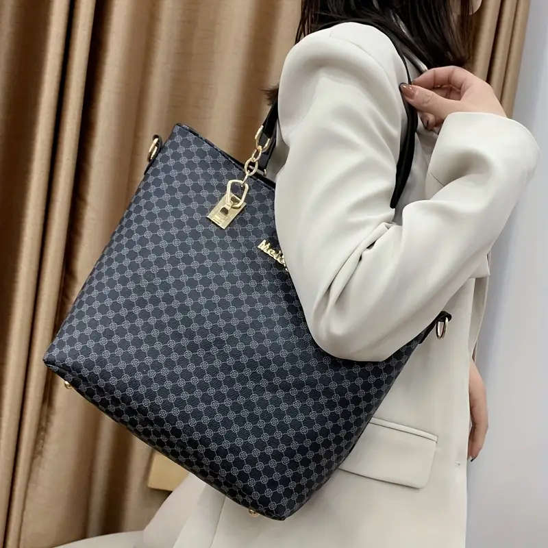 6pcs Geometric Pattern Bag Set Fashion Tote Bag With Boston Handbag Crossbody Bag Long Wallet Clutch