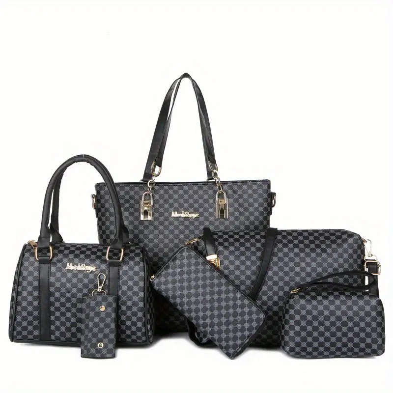 6pcs Geometric Pattern Bag Set Fashion Tote Bag With Boston Handbag Crossbody Bag Long Wallet Clutch