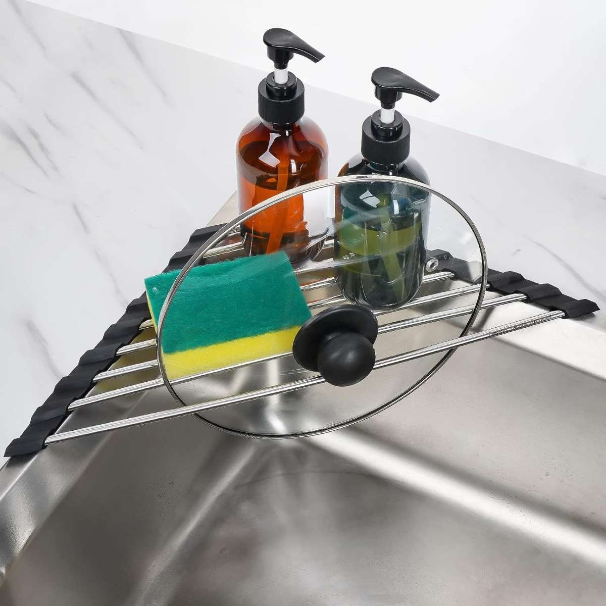 1pc Foldable Stainless Steel Triangle Roll-Up Dish Drying Rack For Small Sink Corners Over-Th