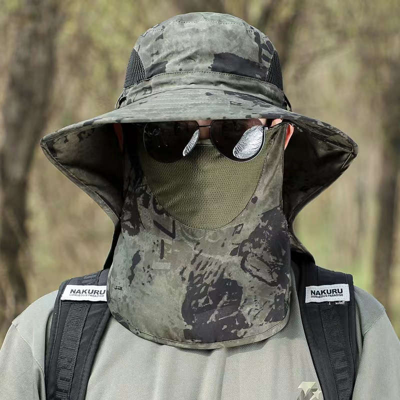 Men'S Camo Sun Protection Hat With Neck Flap Mask Foldable Breathable Polyester For Outdoo
