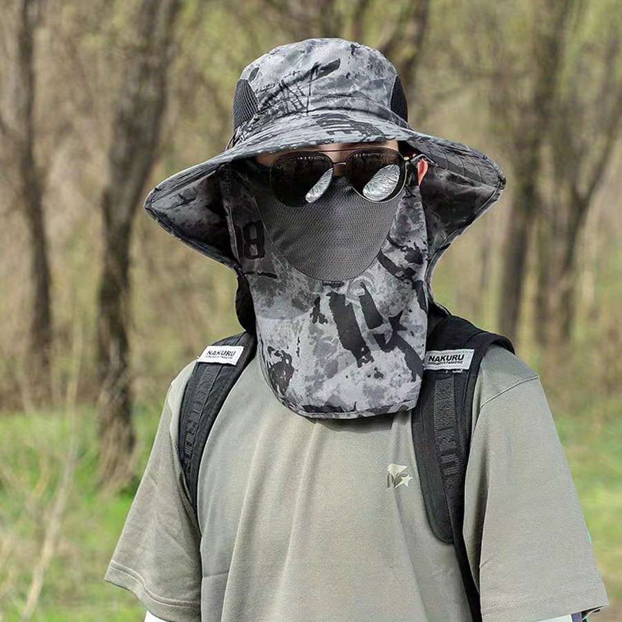 Men'S Camo Sun Protection Hat With Neck Flap Mask Foldable Breathable Polyester For Outdoo