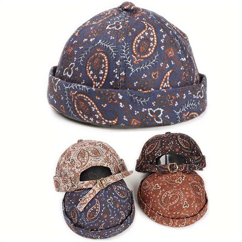 Retro Paisley Brimless Hat Stylish Warm Knit Cap With Adjustable Buckle Strap Breathable P