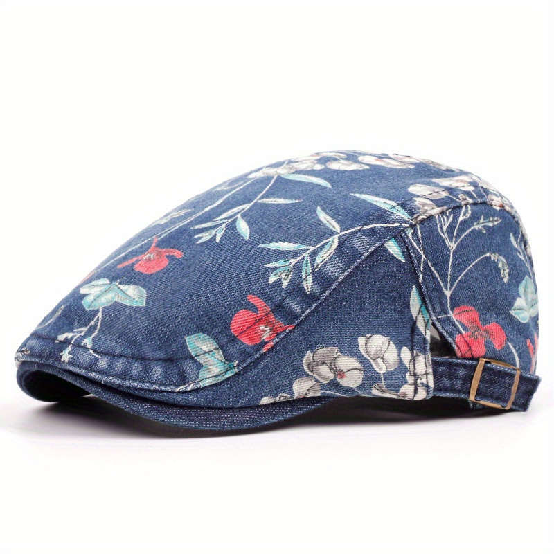 1pc Floral Print Denim Newsboy Cap For Women Adjustable Vintage Distressed Cabbie Hat With Visor