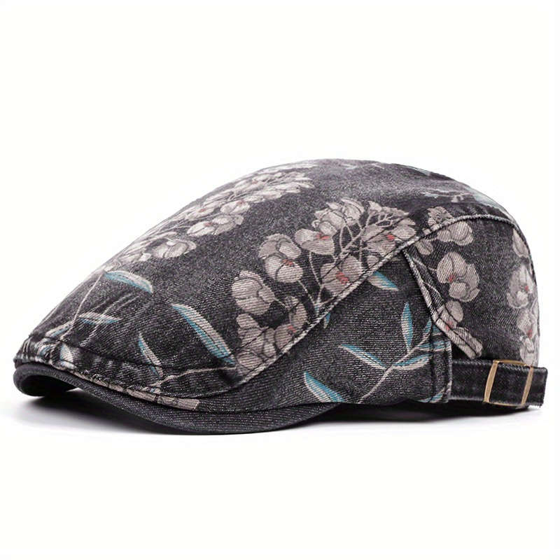 1pc Floral Print Denim Newsboy Cap For Women Adjustable Vintage Distressed Cabbie Hat With Visor