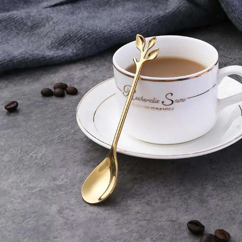 6pcs Creative Personality Stainless Steel Gold Spoons Tree Leaf Spoon Coffee Spoon Tea Spoon Ho