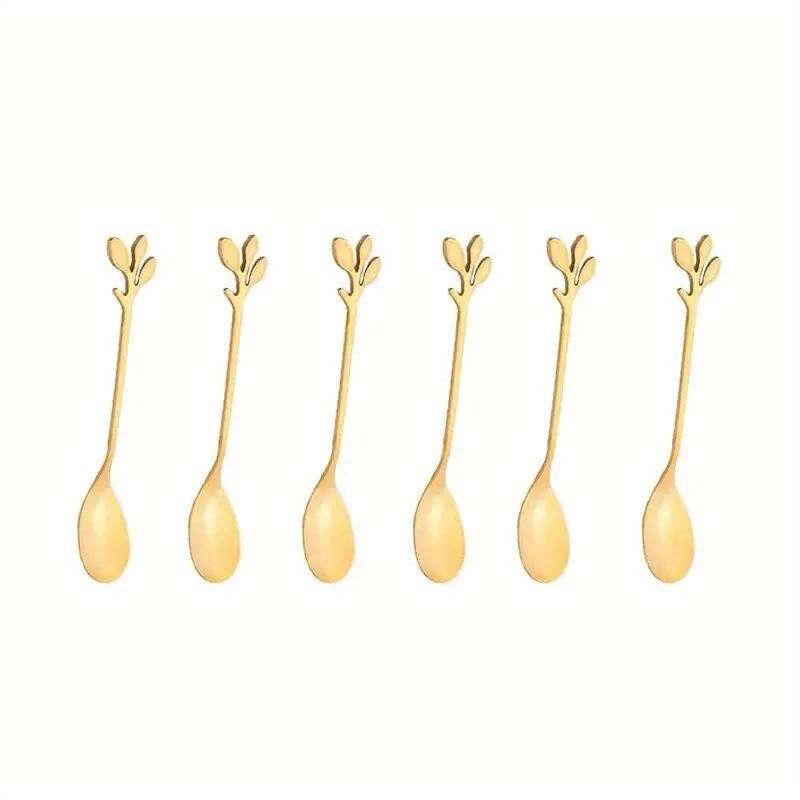 6pcs Creative Personality Stainless Steel Gold Spoons Tree Leaf Spoon Coffee Spoon Tea Spoon Ho