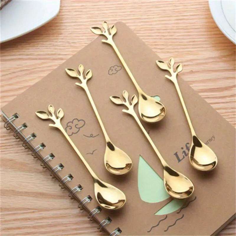 6pcs Creative Personality Stainless Steel Gold Spoons Tree Leaf Spoon Coffee Spoon Tea Spoon Ho