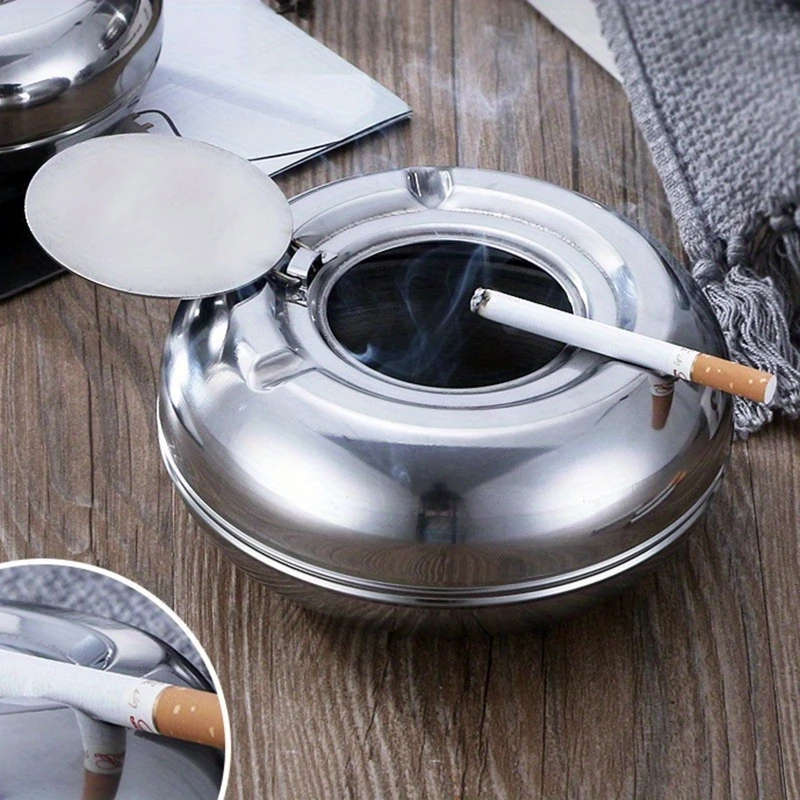 1 Piece Stainless Steel Ashtray With Lid Windproof And Rustproof