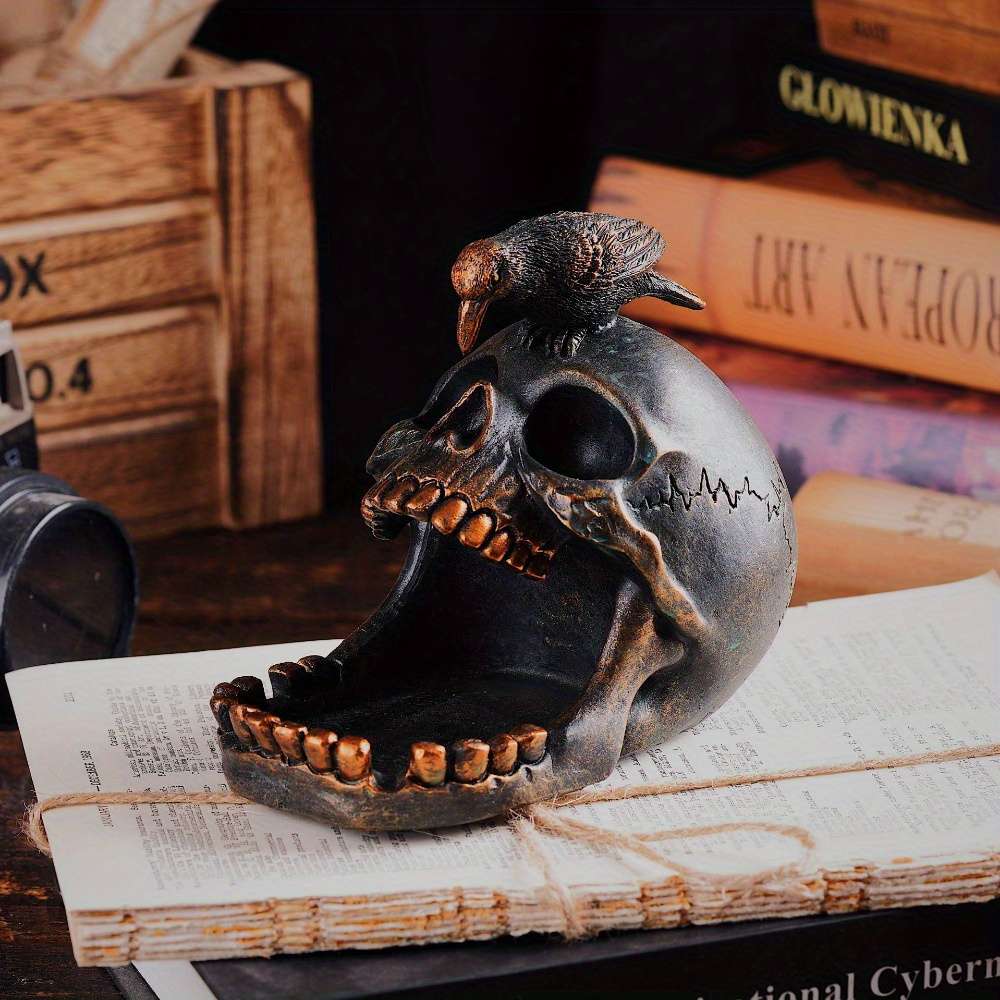 1pc Gothic Skull and Crow Ashtray Resin Ring Holder Censer Vintage Halloween Decor Ideal Gif