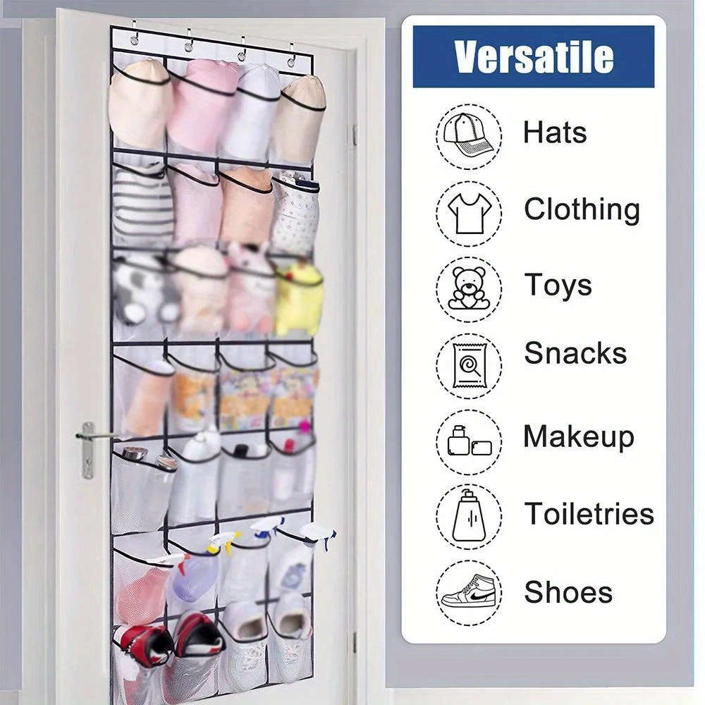 24Pocket Over-The-Door Shoe Organizer Durable Plastic Hanging Shoe Rack With Large Mesh Pockets