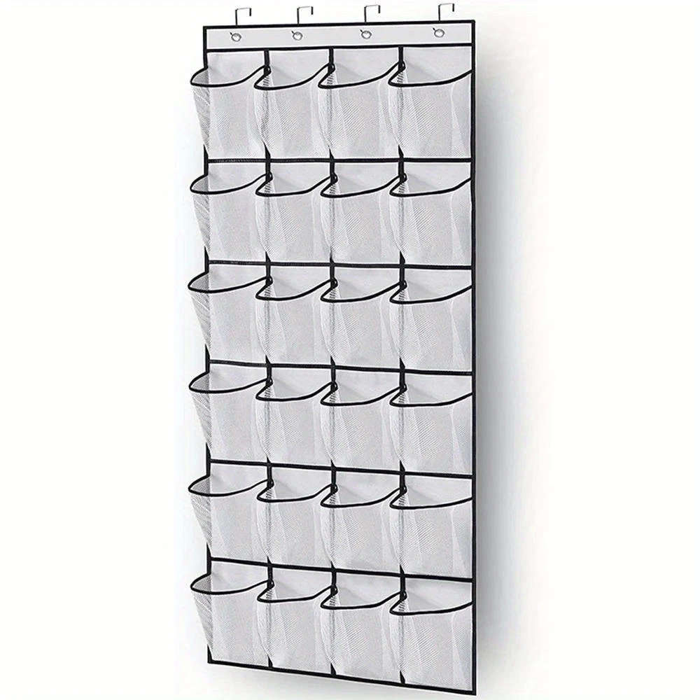 24Pocket Over-The-Door Shoe Organizer Durable Plastic Hanging Shoe Rack With Large Mesh Pockets
