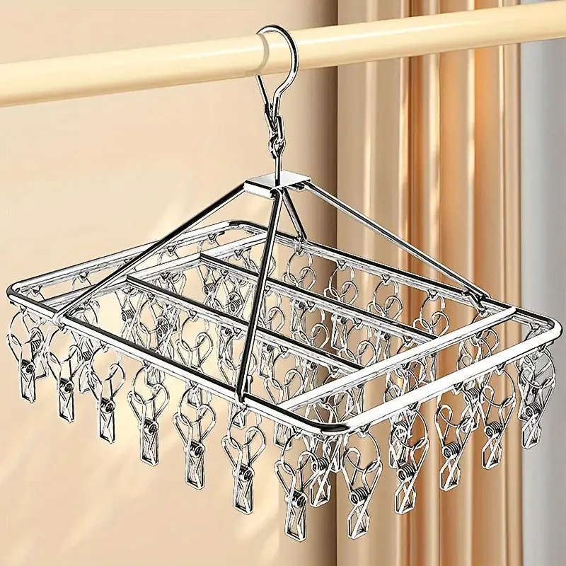 30 Clip Stainless Steel Drying Rack Windproof Space-Saving Design with Polished Finish for Socks Und