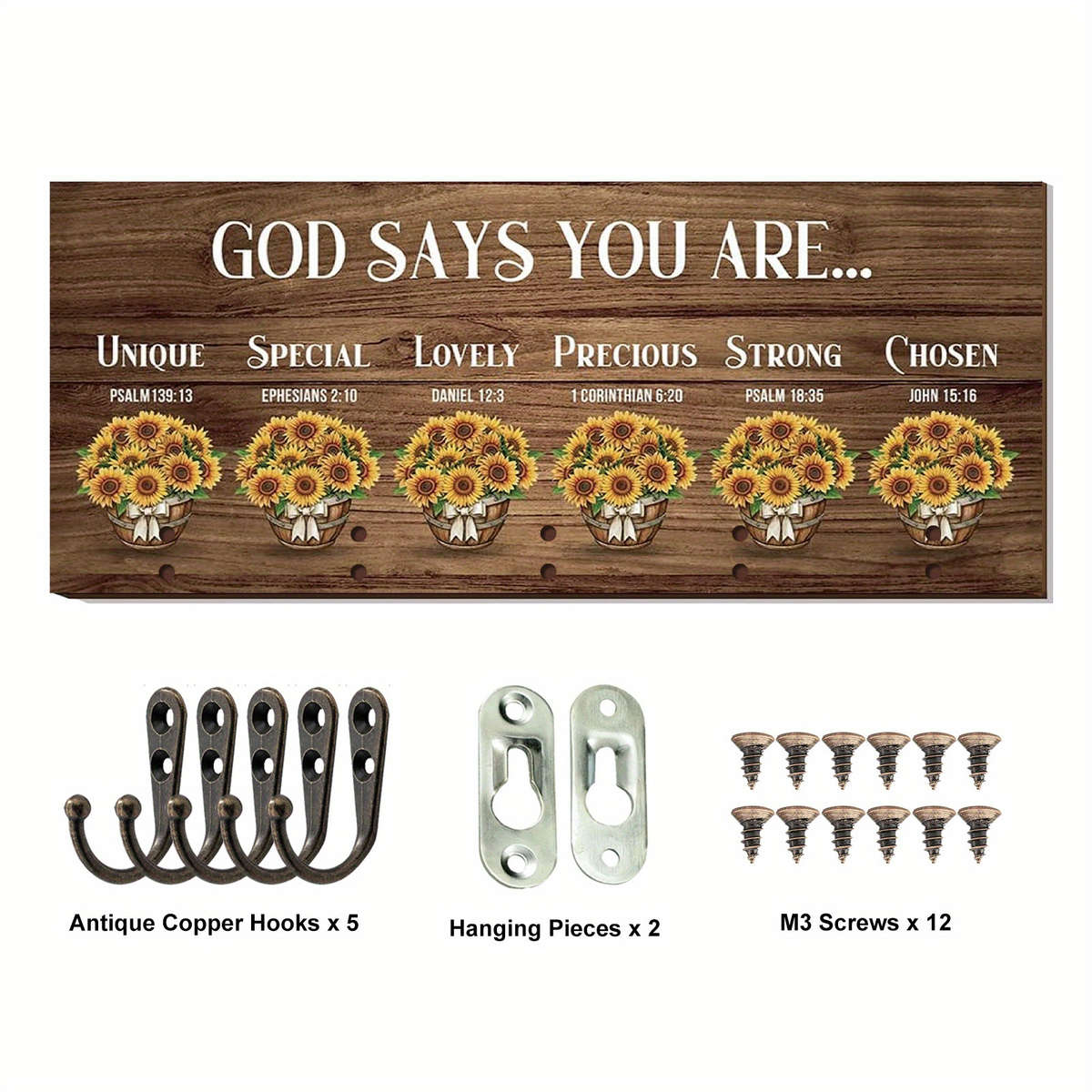 Rustic Sunflower  Bible Verse Wooden Key HooksDecorative Wall Hanging Organizer for Entryway Ki