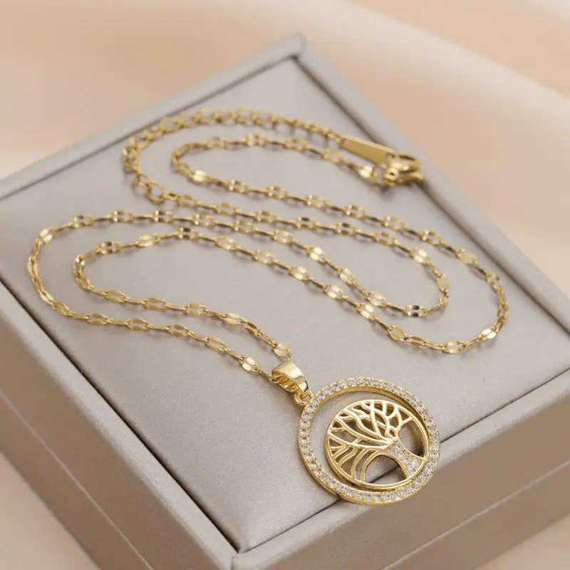Tree of Life Rhinestone Circle Pendant WITH Necklace