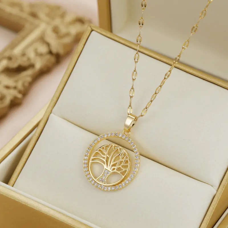 Tree of Life Rhinestone Circle Pendant WITH Necklace