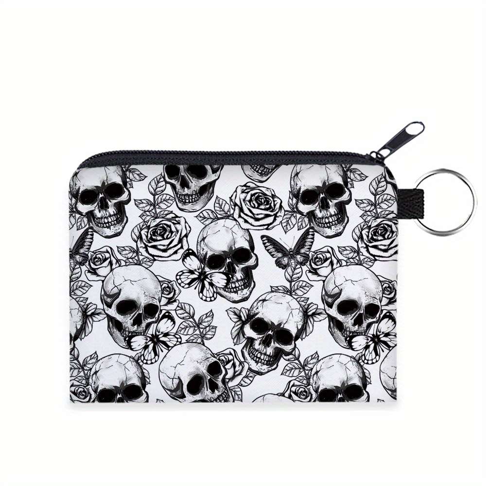 Women'S Stylish Rose Skull Zipper Pouch Durable Polyester Coin Purse