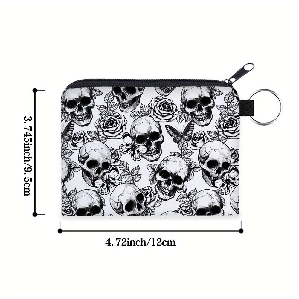 Women'S Stylish Rose Skull Zipper Pouch Durable Polyester Coin Purse