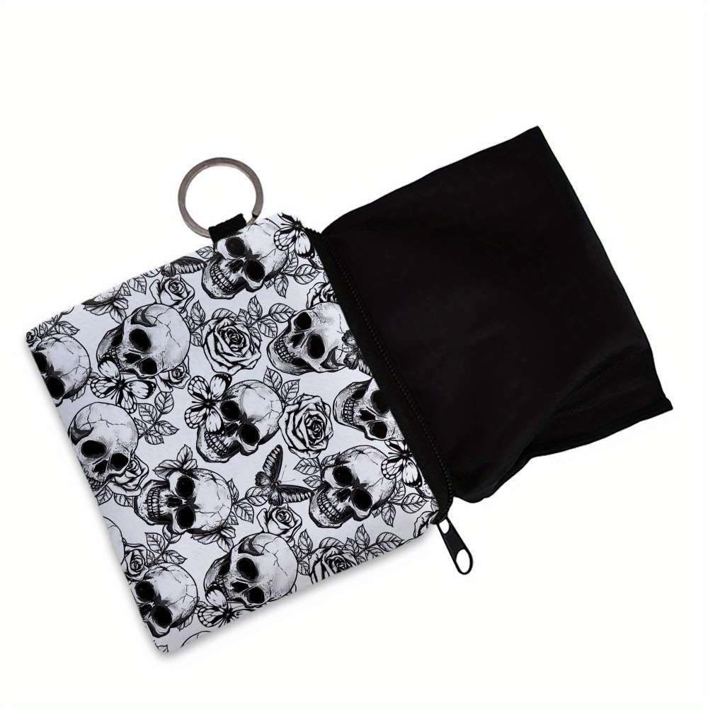 Women'S Stylish Rose Skull Zipper Pouch Durable Polyester Coin Purse