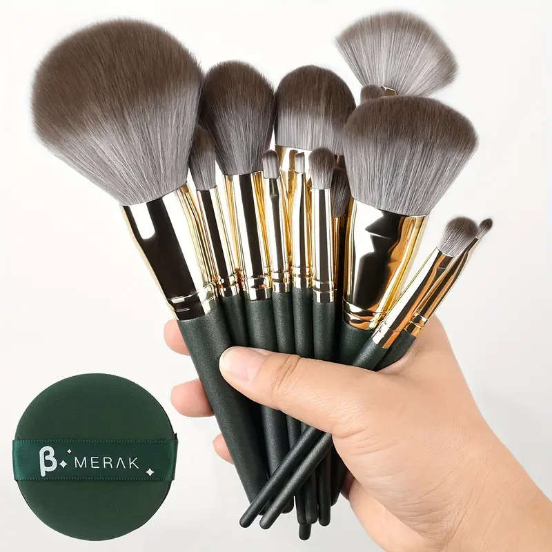 14Pcs Makeup Brush Set With Green ABS Handles And Nylon Brushes