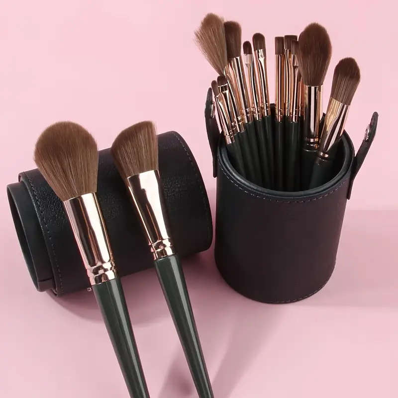 14Pcs Makeup Brush Set With Green ABS Handles and Nylon Brushes