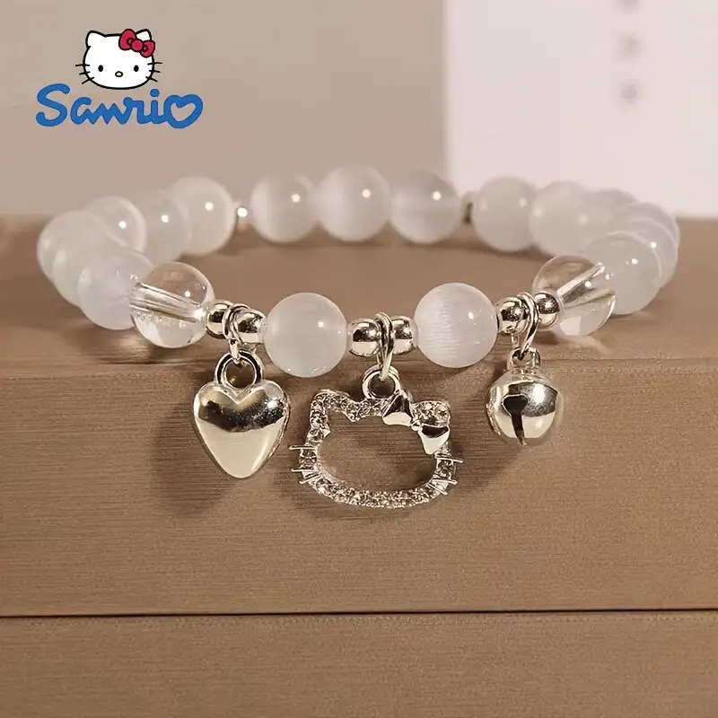 Hello Kitty Y2K Style Beaded Elastic Bracelet with Heart-Shaped Charm