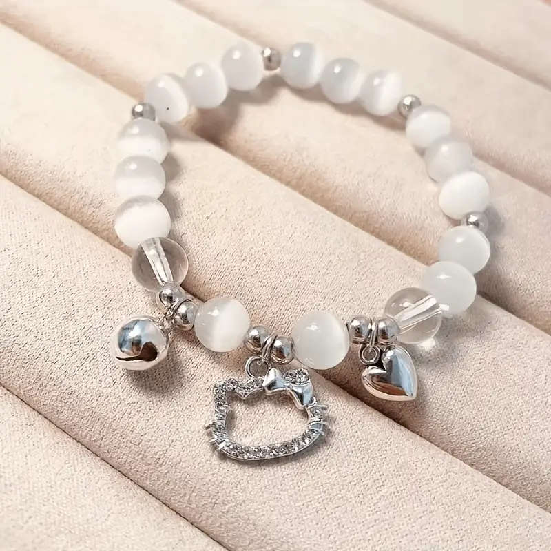 Hello Kitty Y2K Style Beaded Elastic Bracelet with Heart-Shaped Charm