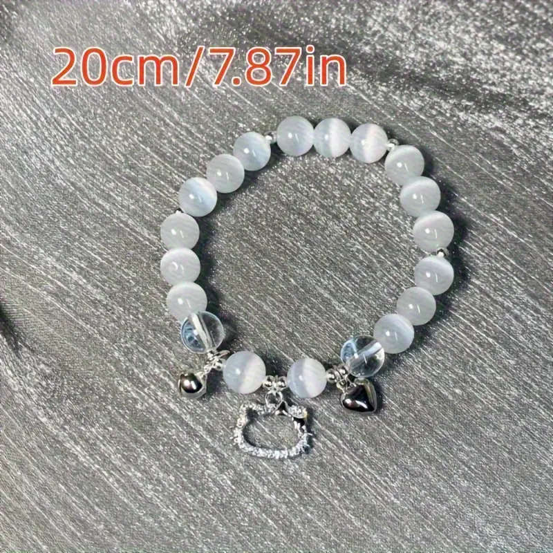 Hello Kitty Y2K Style Beaded Elastic Bracelet with Heart-Shaped Charm