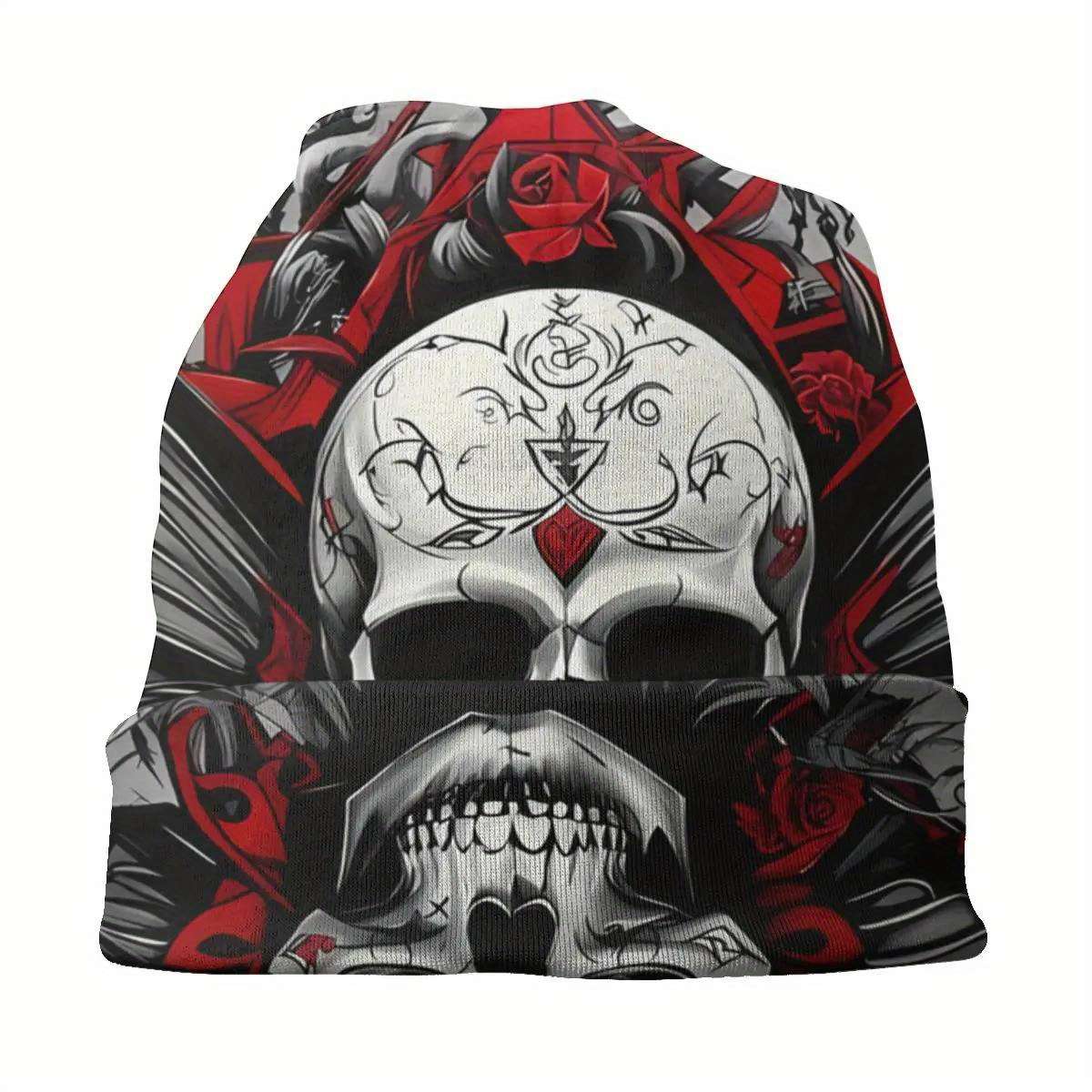 Men's Gothic Skull Butterfly Beanie Stretchy Polyester Blend Casual Woven Ski Cap with Int