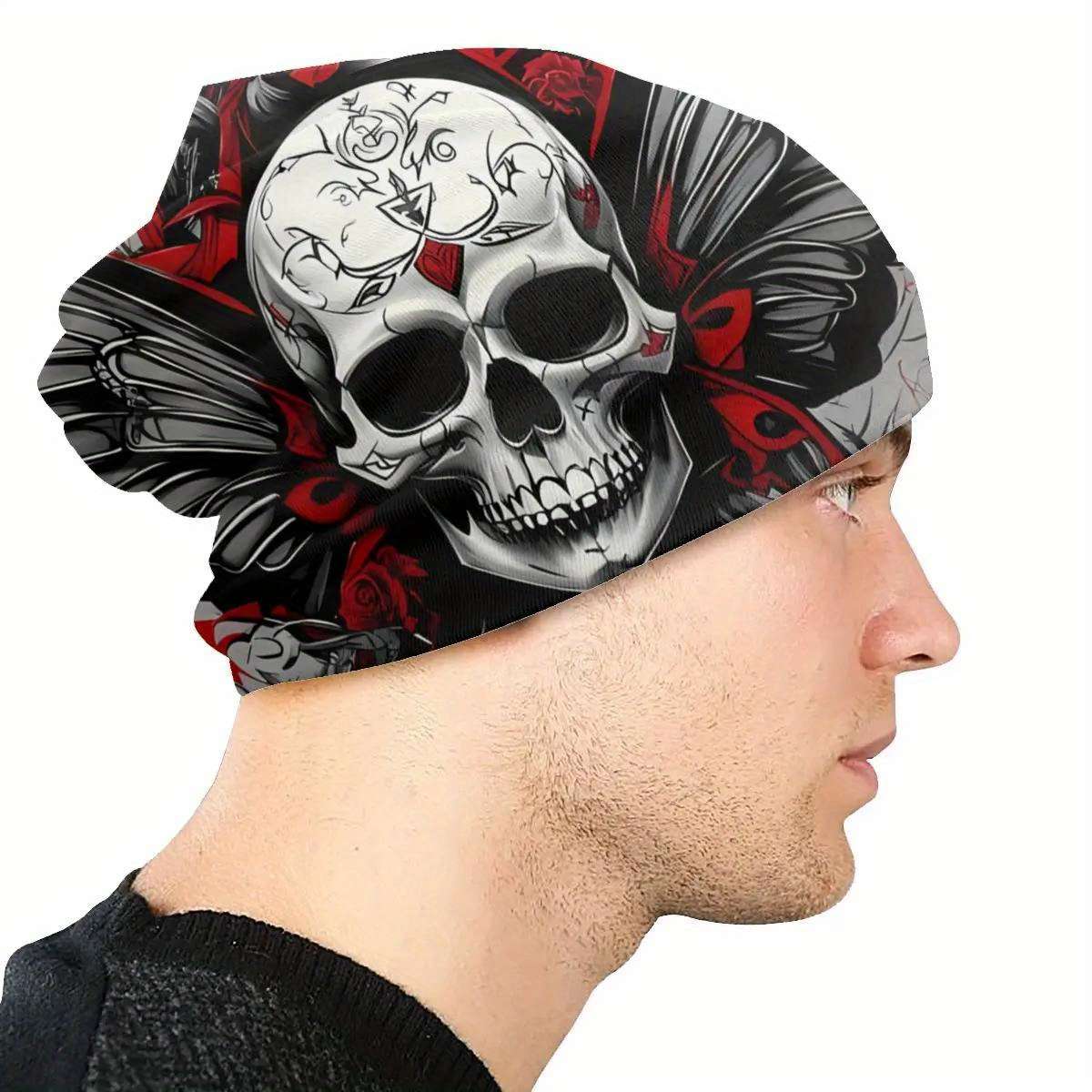 Men's Gothic Skull Butterfly Beanie Stretchy Polyester Blend Casual Woven Ski Cap with Int