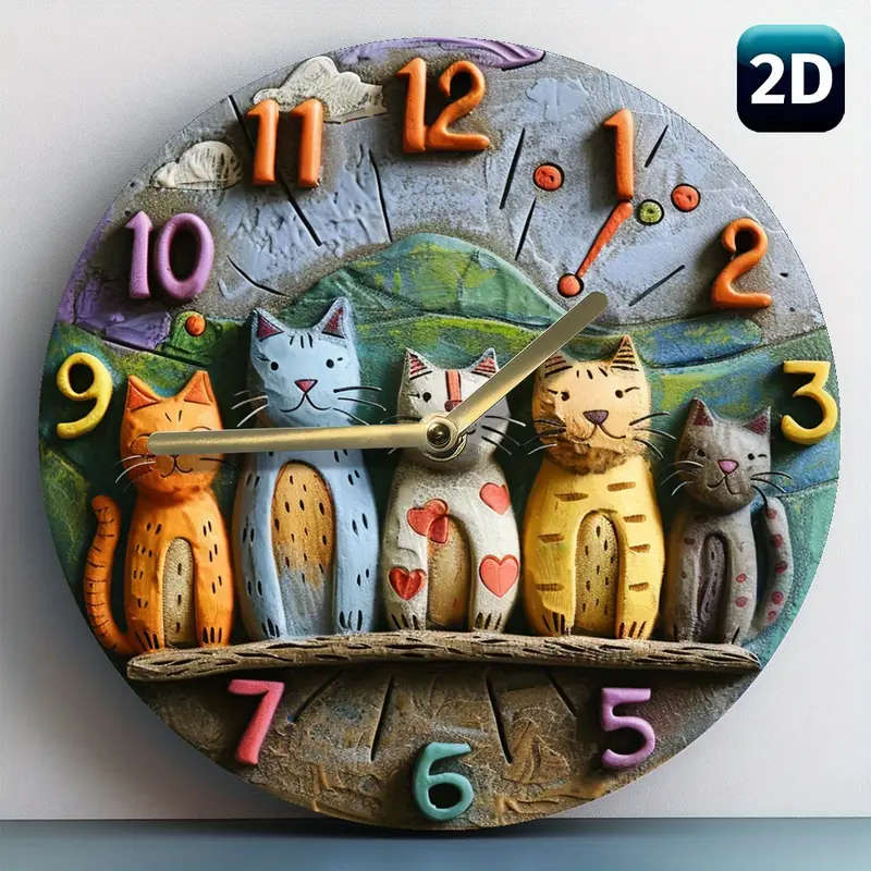1pc 2D Flat Style Quartz Wall Clock Featuring Adorable Cats  Perfect for Autumn Decor 20.32cm