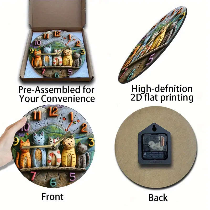 1pc 2D Flat Style Quartz Wall Clock Featuring Adorable Cats  Perfect for Autumn Decor 20.32cm